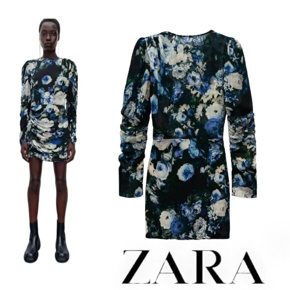 ZARA | Black & Green | FLORAL PRINT DRESS - Picture 1 of 14